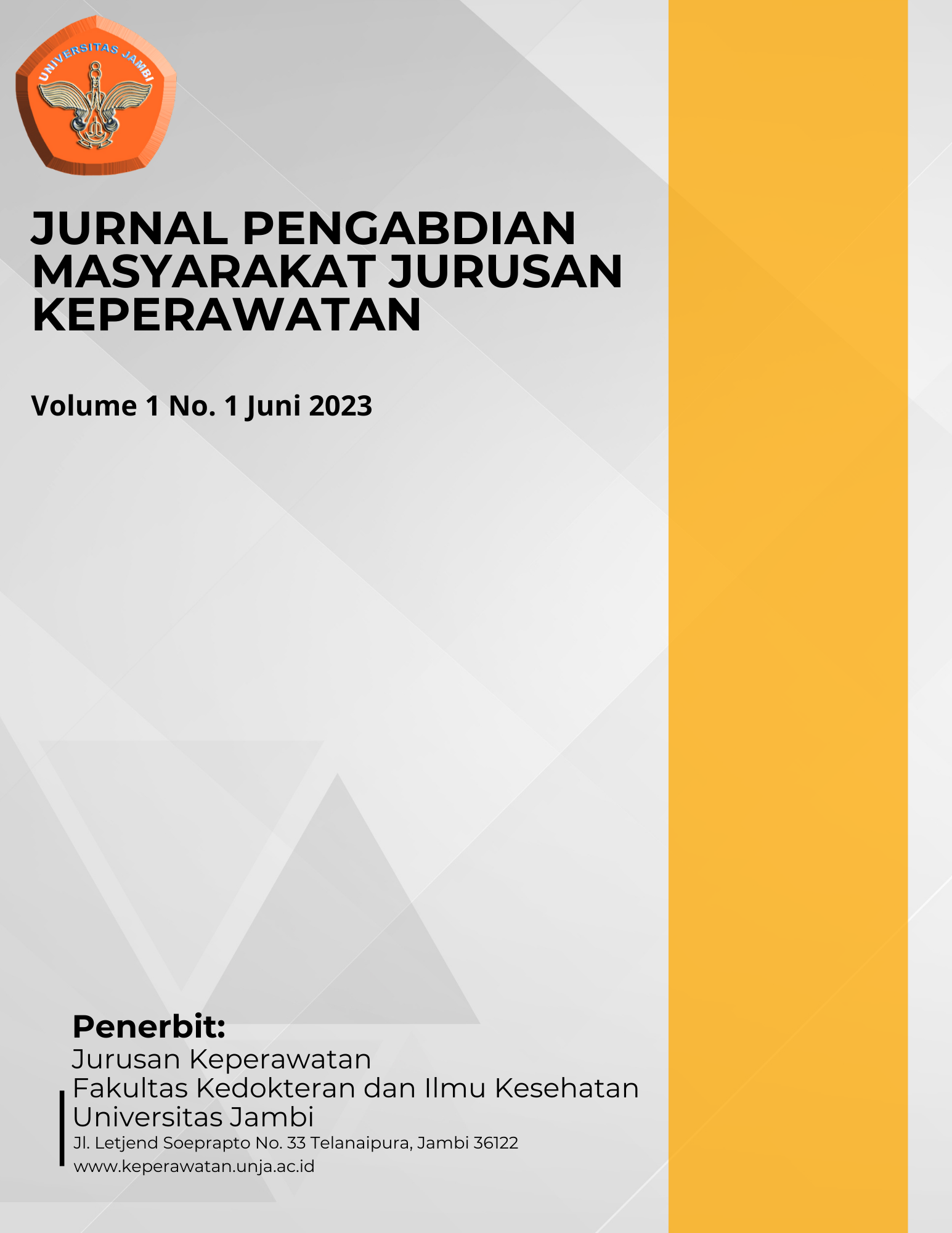 Jurnal Pengabdian Masyarakat Jurusan Keperawatan (JPMJK) is an open access that which is published by Nursing Science Study Program - Medical Faculty and Health Science Jambi University publish twice a years in June and December with a total of five articles in each publication.