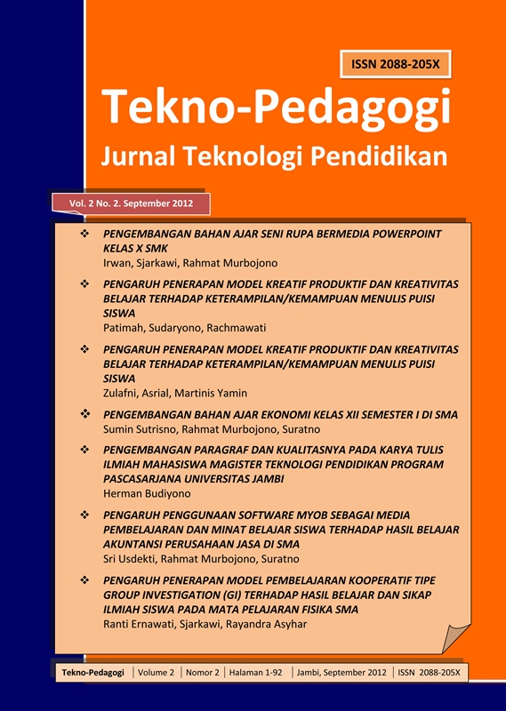 					View Vol. 2 No. 2 (2012): Tekno-Pedagogi Vol 2 No.2 September 2012
				