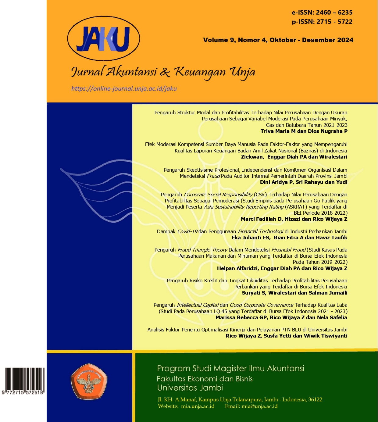 					View Vol. 9 No. 4 (2024): JAKU (Jurnal Akuntansi & Keuangan Unja) (e-journal)
				